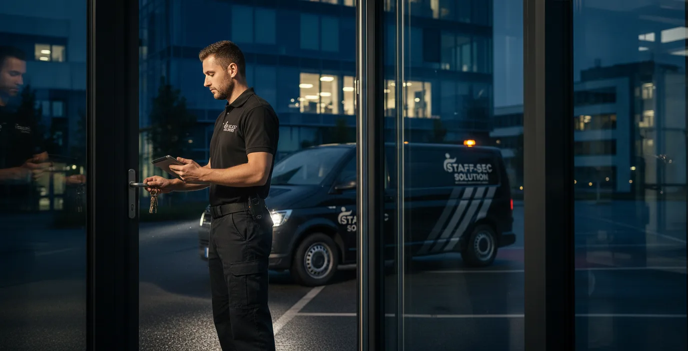 Sicherheitsmitarbeiter dokumentiert den Kontrollgang am Tablet, Schlüsselbund in der Hand