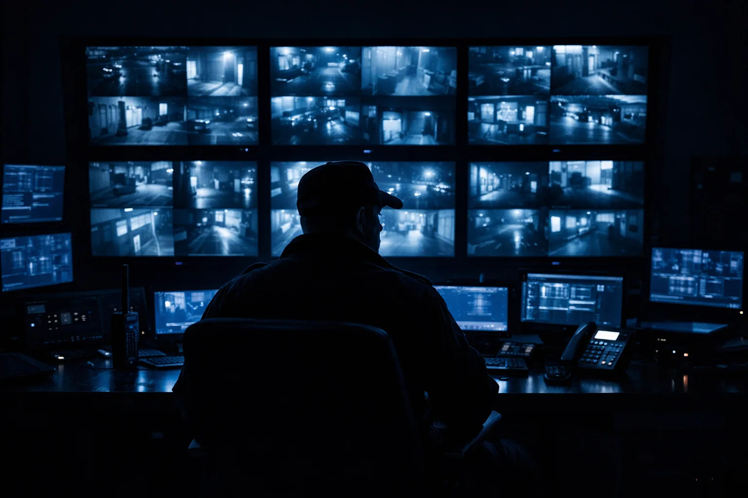 Mitarbeiter der Leitstelle beobachtet eine Monitorwand mit Kamerabildern