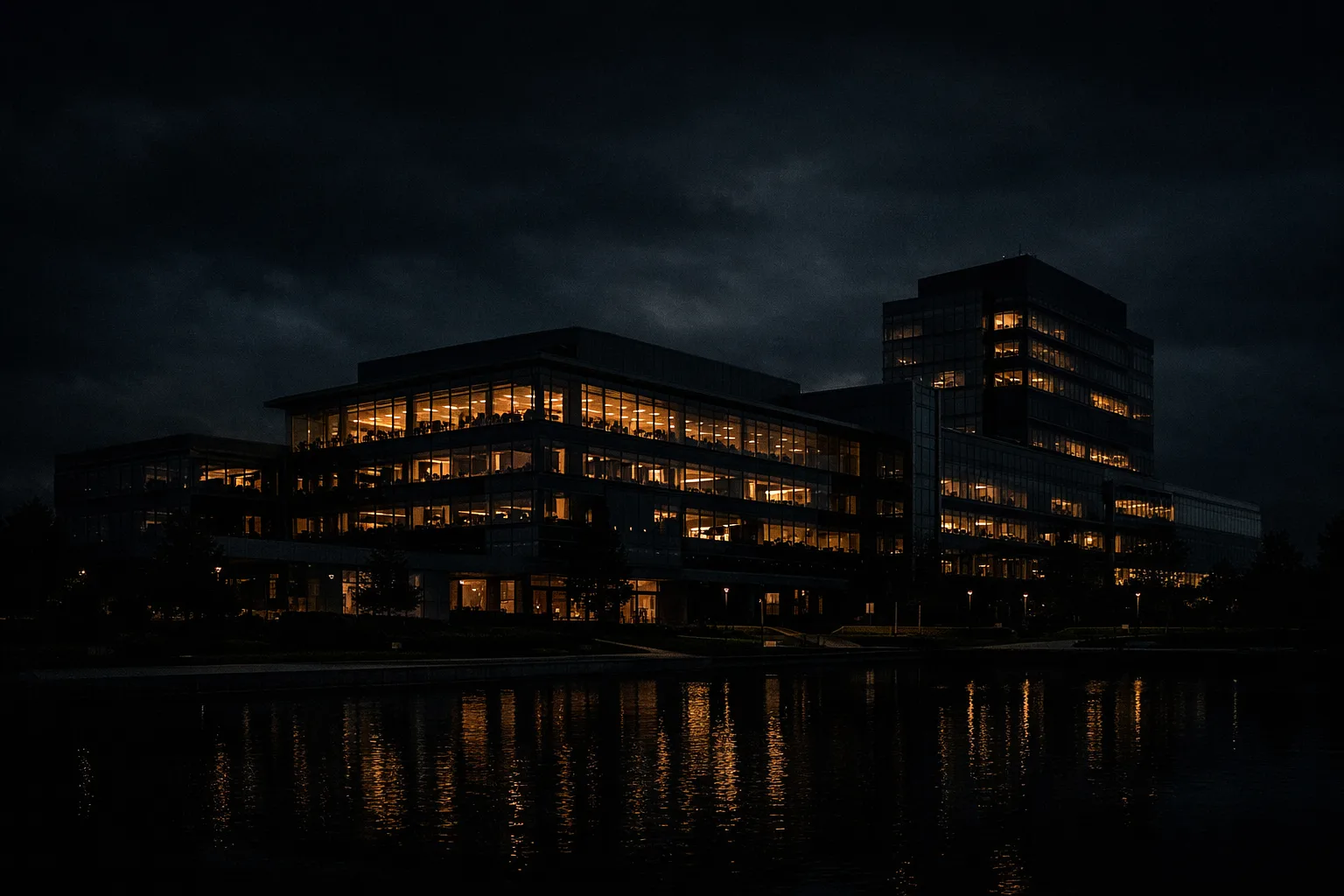 Beleuchtetes Bürogebäude bei Nacht mit Spiegelung im Wasser